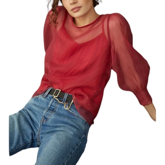 Anthropologie Eva Franco Silk Organza Deep Red Sheer Blouse Balloon Sleeves Sz M - Picture 2 of 12
